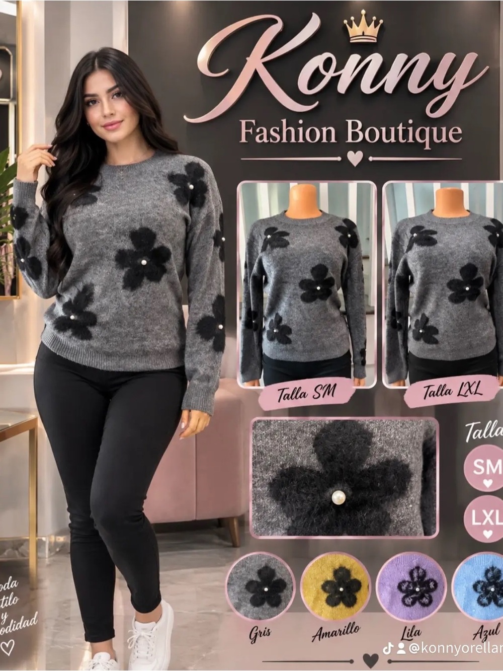 Women's Gray Floral Pearl Accent Sweater